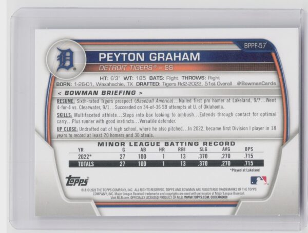 2023 Bowman 1st Edition Peyton Graham #BPPF-57 Tigers - Image 3