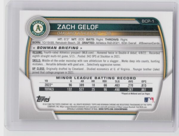 2023 Bowman 1st Edition Zack Gelof #BPPF-1 Athletics - Image 3
