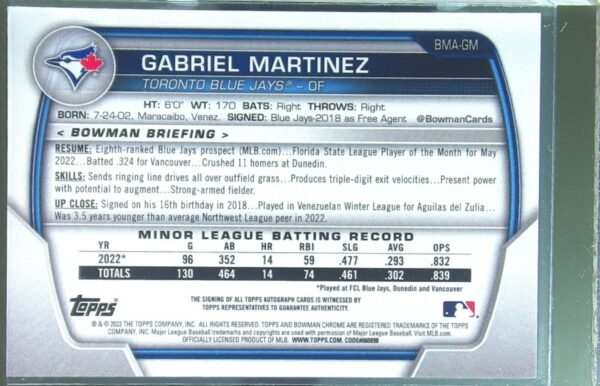 2023 Bowman Gabriel Martinez Auto #BMA-GM Jays Chrome Prospects Mojo Autographs - Image 3