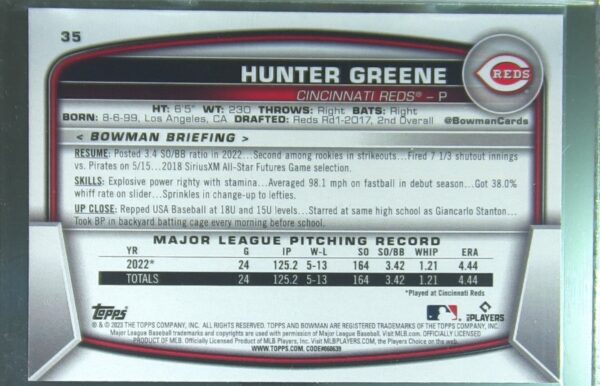 2023 Bowman Hunter Greene Green /99 #35 Reds - Image 3
