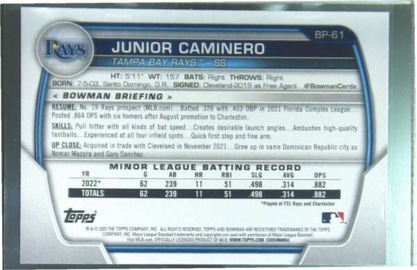 2023 Bowman Junior Caminero #BP-61 Rays Prospects - Image 3