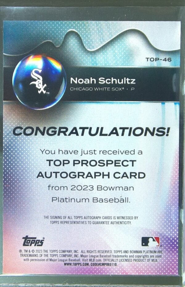 2023 Bowman Platinum Noah Schultz Auto #TOP-46 Sox Top Prospects Autographs - Image 3