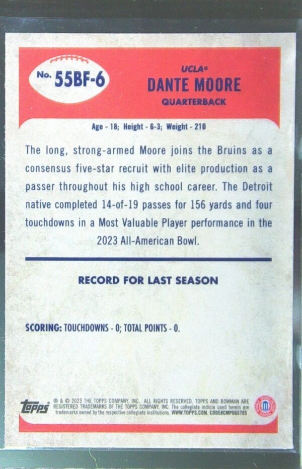 2023 Bowman University Chrome Dante Moore RC #55BF-6 Bruins 1955 Bowman Football - Image 3