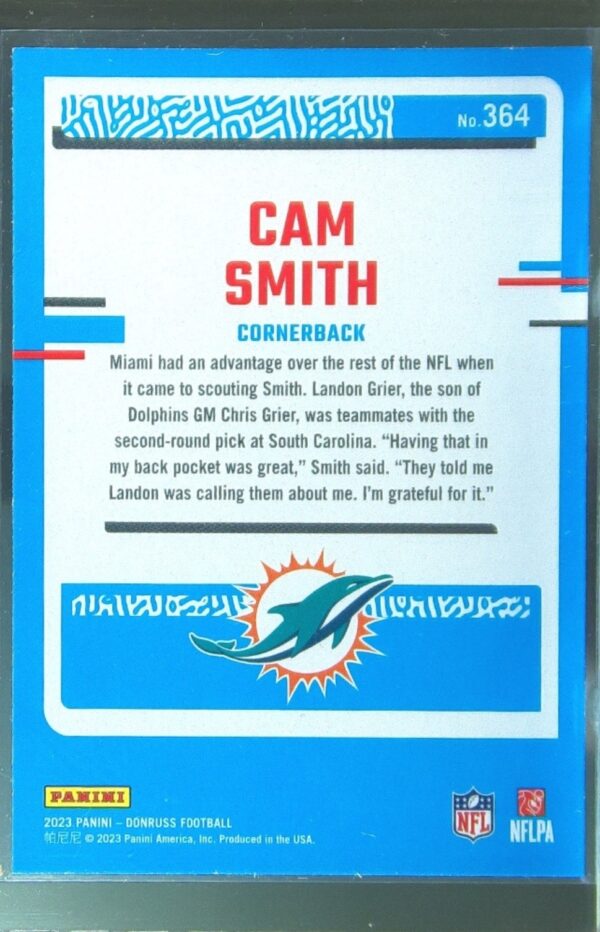 2023 Donruss Cam Smith RC #364 Dolphins - Image 3