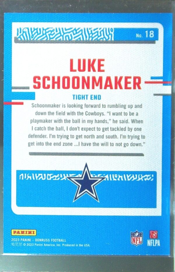 2023 Donruss Luke Schoonmaker RC #18 Cowboys Rated Rookie Portrait - Image 3
