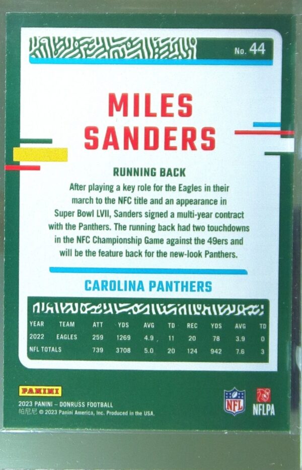2023 Donruss Miles Sanders Press Proof Blue #44 Panthers - Image 3