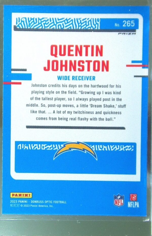 2023 Donruss Optic Quentin Johnston Purple Shock RC #265 Chargers - Image 3
