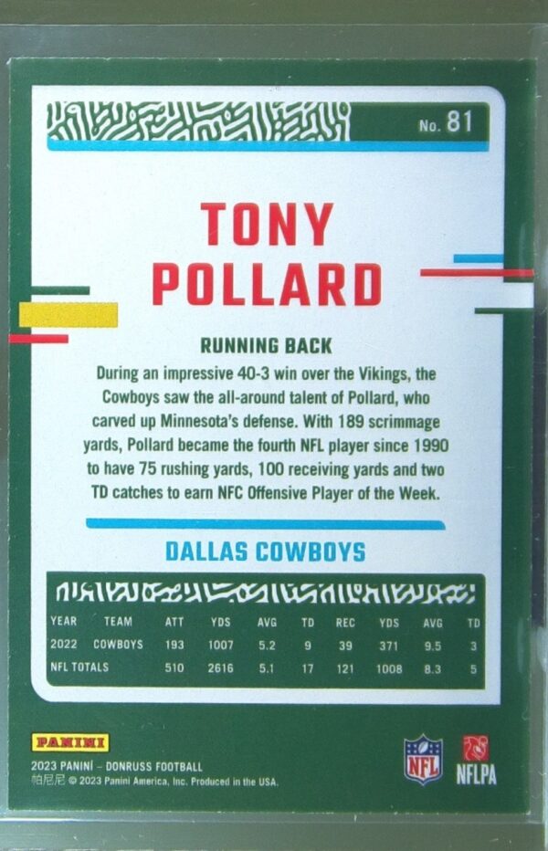 2023 Donruss Tony Pollard Press Proof Yellow #81 Cowboys - Image 3