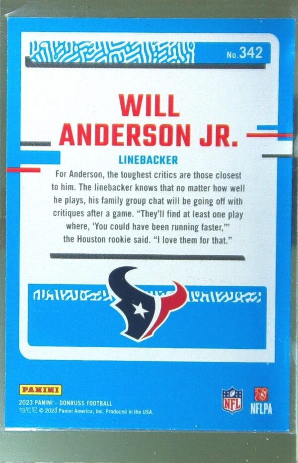 2023 Donruss Will Anderson Jr. RC #342 Texans - Image 3
