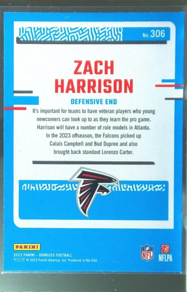 2023 Donruss Zach Harrison RC #306 Falcons - Image 3