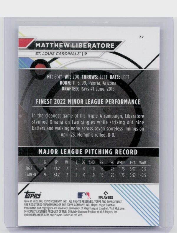 2023 Finest Matthew Liberatore Aqua Refractor /199 #77 Cardinals - Image 3