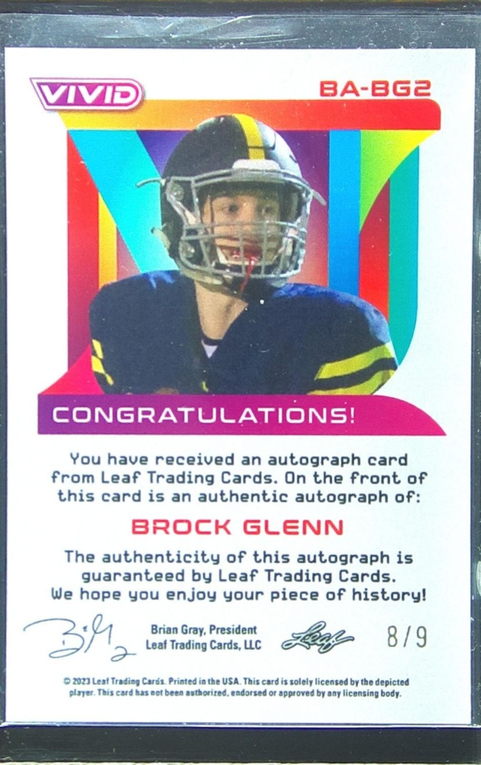 2023 Leaf Vivid Brock Glenn Auto /9 #BA-BG2 Autographs Crystal Gray - Image 3