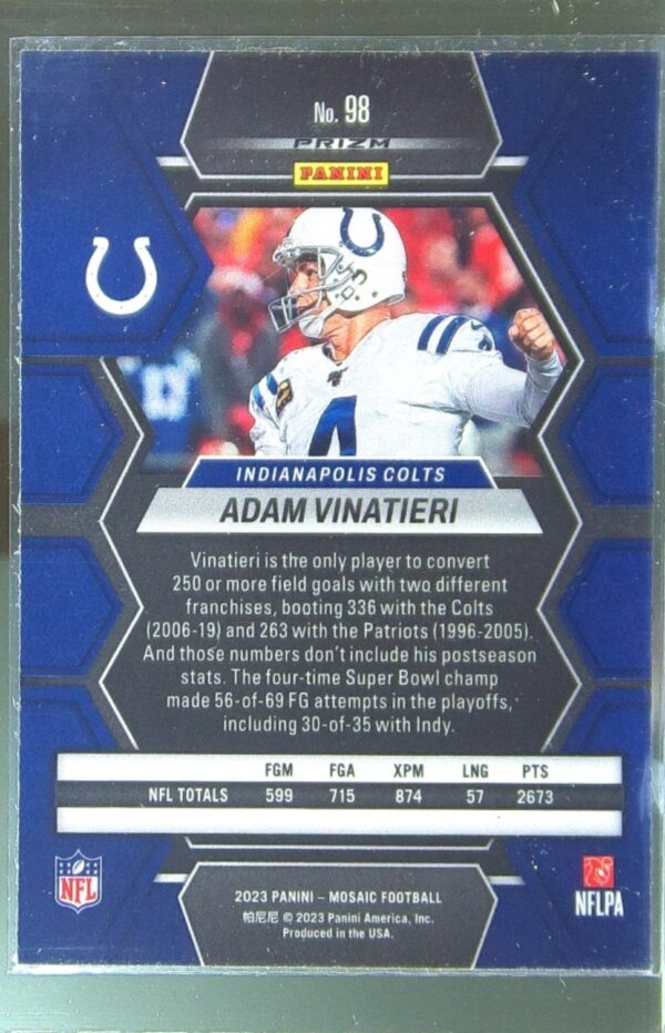 2023 Mosaic Adam Vinatieri Silver #98 Colts - Image 3