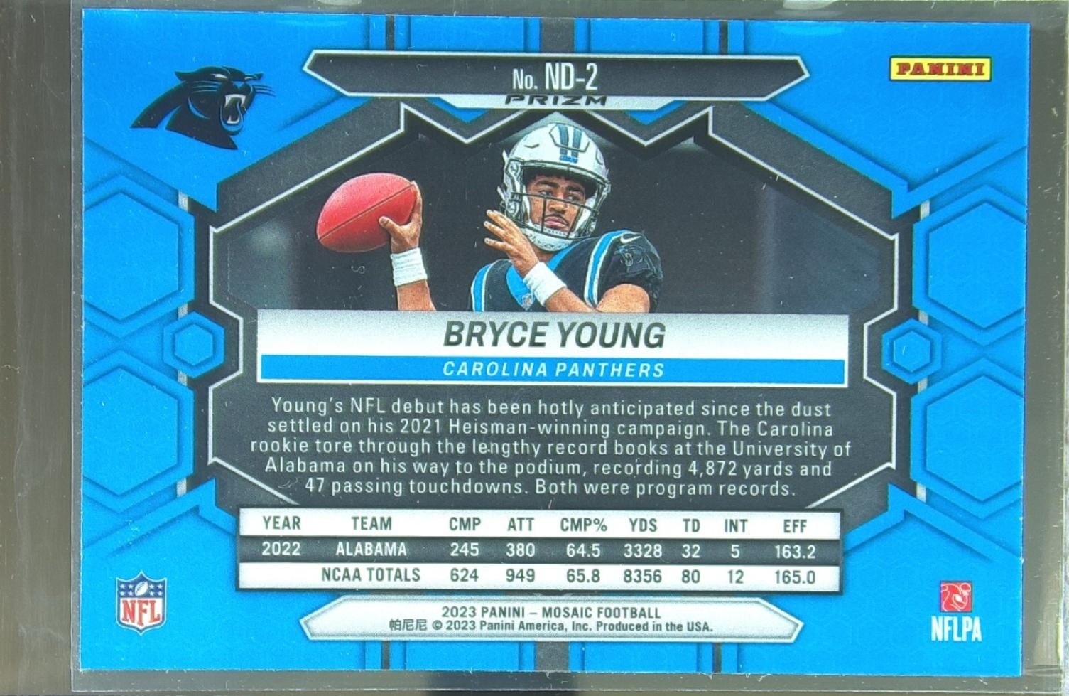 2023 Mosaic Bryce Young Reactive Blue Mosaic RC #ND-2 Panthers - Image 3