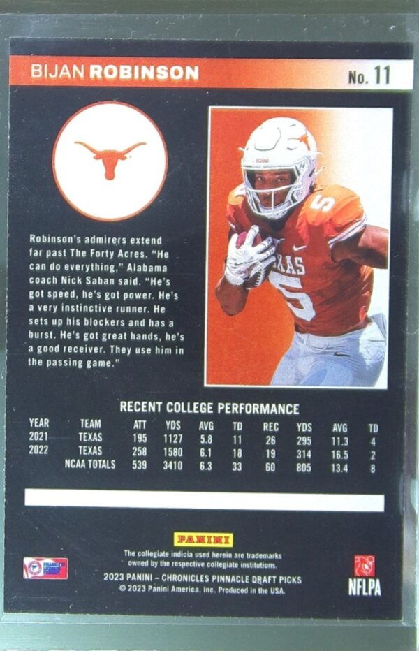 2023 Panini Chronicles Draft Picks Bijan Robinson RC #11 Longhorns Pinnacle - Image 3