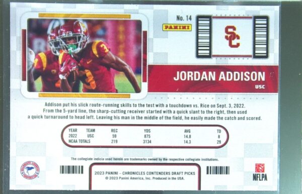 2023 Panini Chronicles Draft Picks Jordan Addison #14 Trojans Contenders College - Image 3