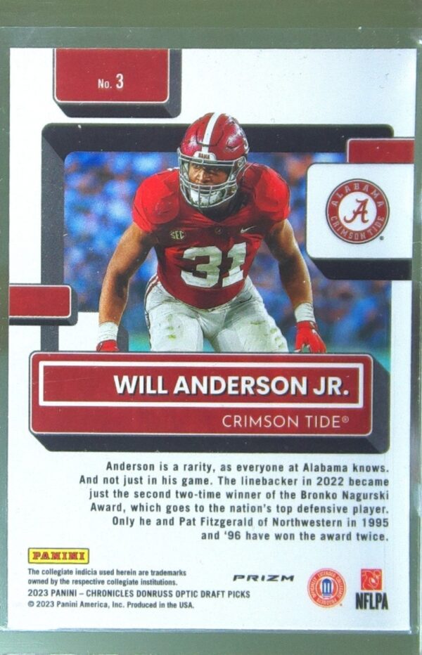 2023 Panini Chronicles Draft Picks Will Anderson Jr. RC #3 Tide Donruss Optic - Image 3