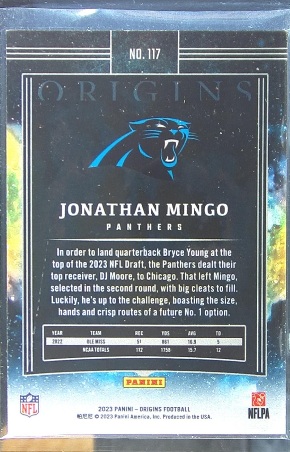2023 Panini Origins Jonathan Mingo RC #117 Panthers - Image 3