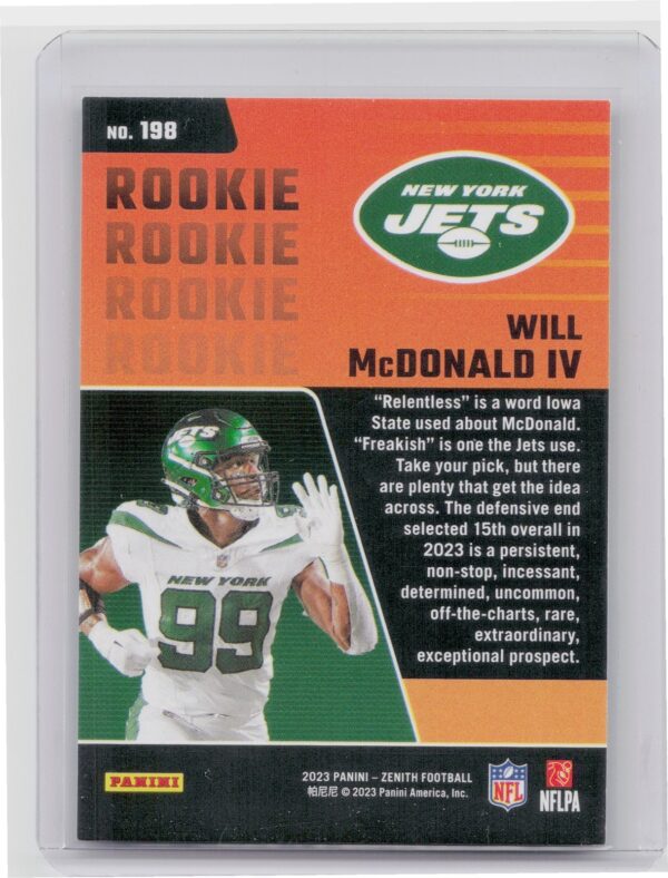 2023 Panini Zenith Will McDonald IV Red Zone RC #198 Jets - Image 3