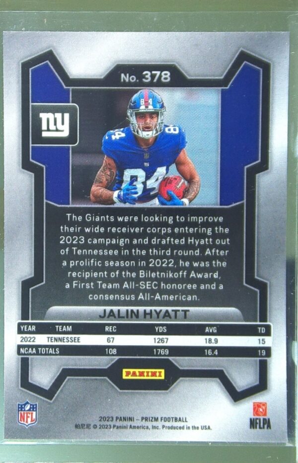 2023 Prizm Jalin Hyatt RC #378 Giants - Image 3