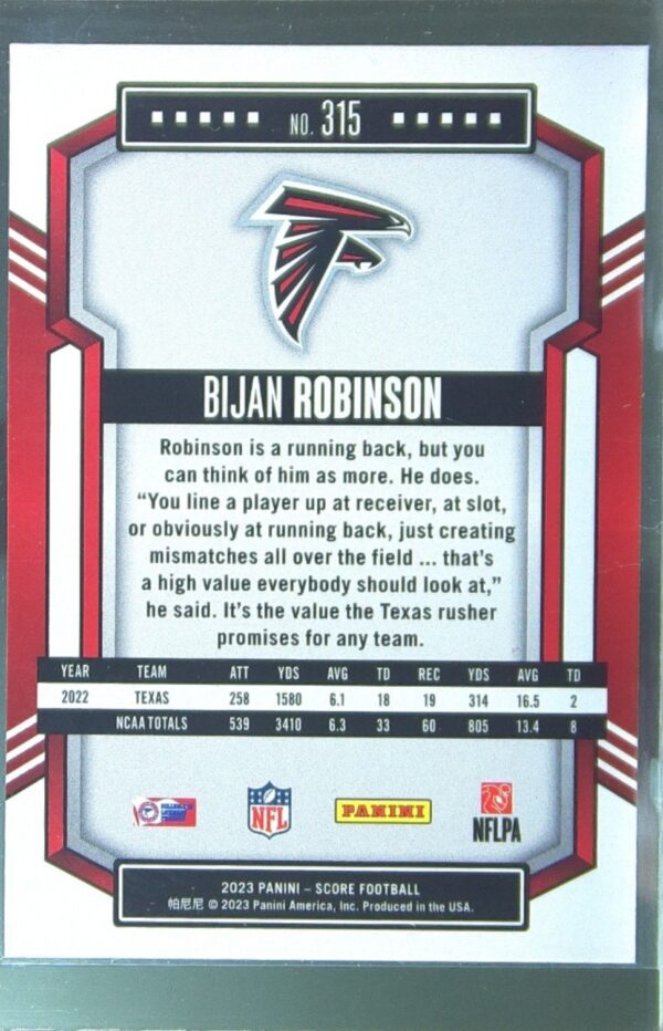 2023 Score Bijan Robinson RC #315 Falcons - Image 3