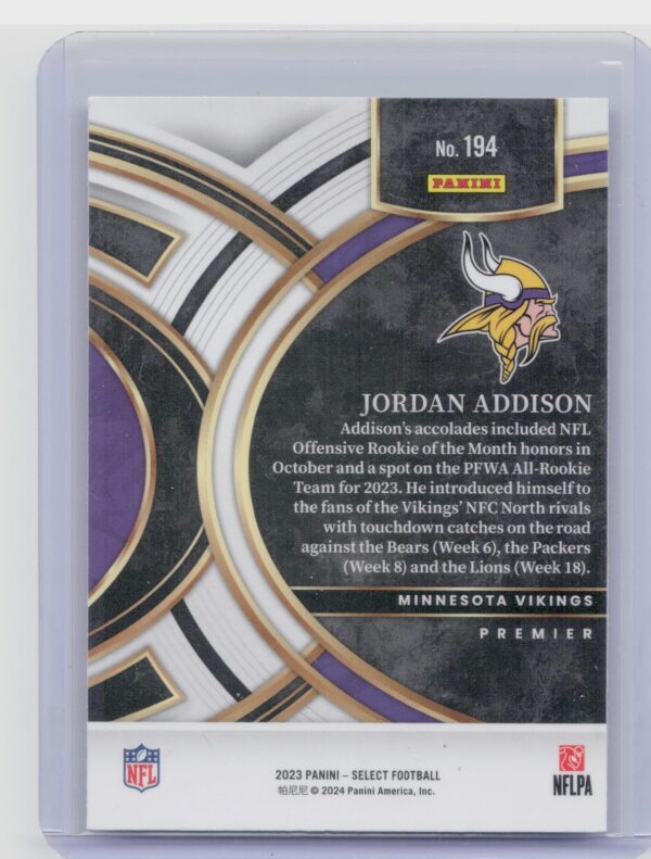 2023 Select Jordan Addison RC #194 Vikings - Image 3