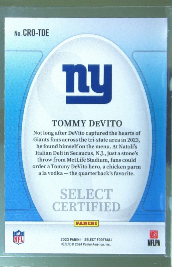 2023 Select Tommy Devito RC #CRO-TDE Giants Select Certified Rookies - Image 3
