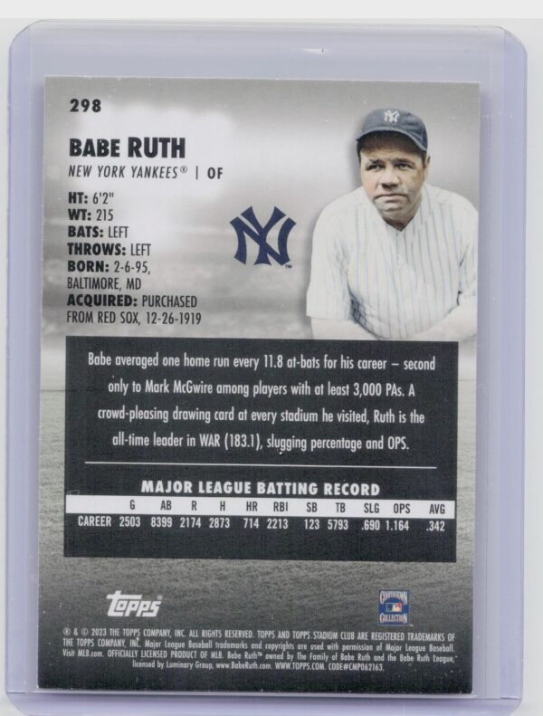 2023 Stadium Club Babe Ruth #298 Yankees - Image 3