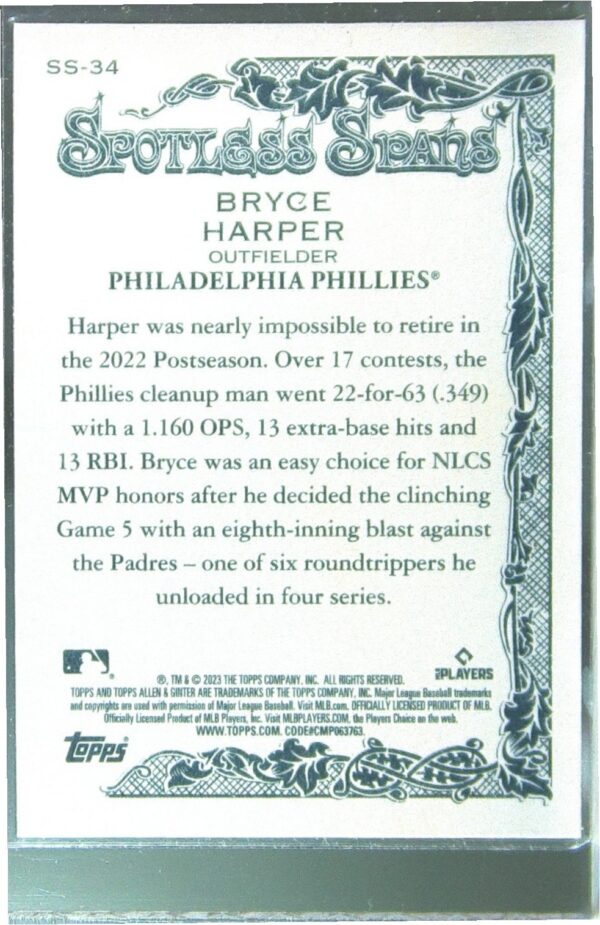2023 Topps Allen & Ginter Bryce Harper #SS-34 Phillies Spotless Spans - Image 3