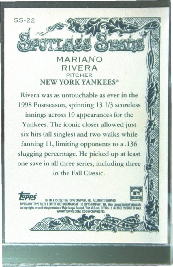 2023 Topps Allen & Ginter Mariano Rivera #SS-22 Yankees Spotless Spans - Image 3