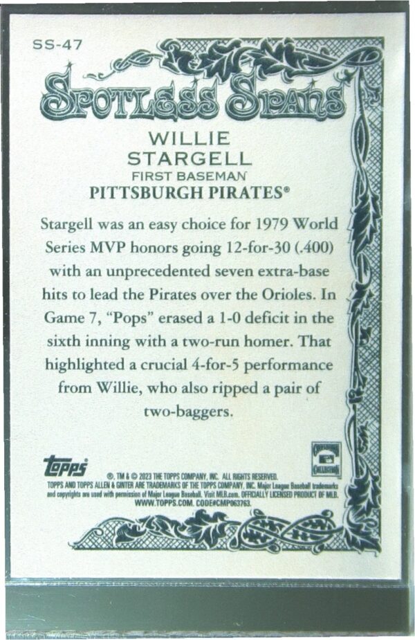 2023 Topps Allen & Ginter Willie Stargell #SS-47 Pirates Spotless Spans - Image 3