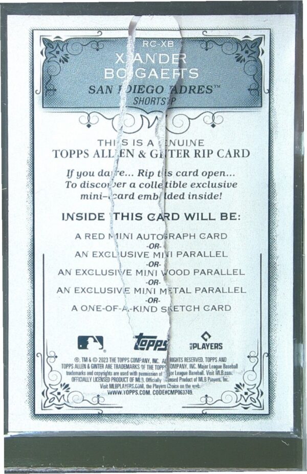 2023 Topps Allen & Ginter Xander Bogaerts /199 #RC-XB Padres A&G Rip Card Ripped - Image 3