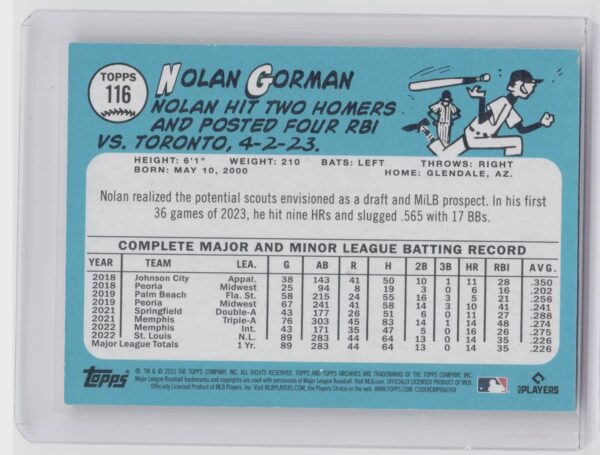 2023 Topps Archives Nolan Gorman FoilFractor /1 VAR #116 Cardinals - Image 3