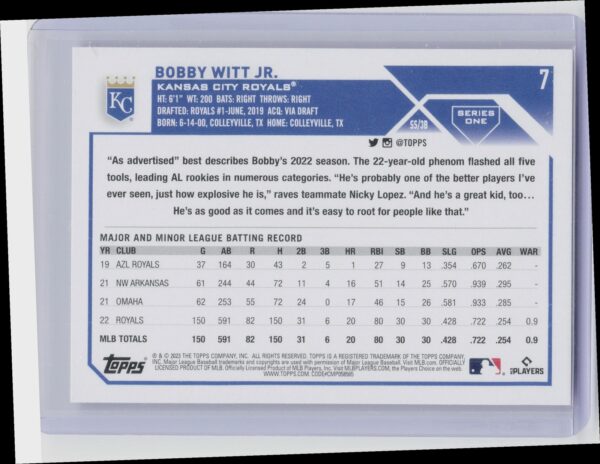 2023 Topps Bobby Witt Jr. #7 Royals - Image 3