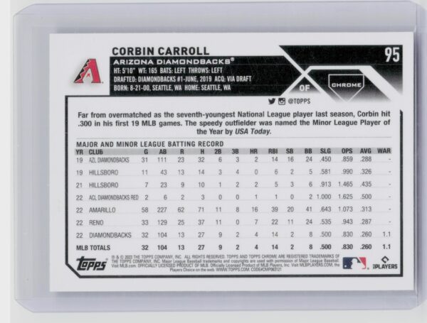 2023 Topps Chrome Corbin Carroll RC #95 Diamondbacks - Image 3