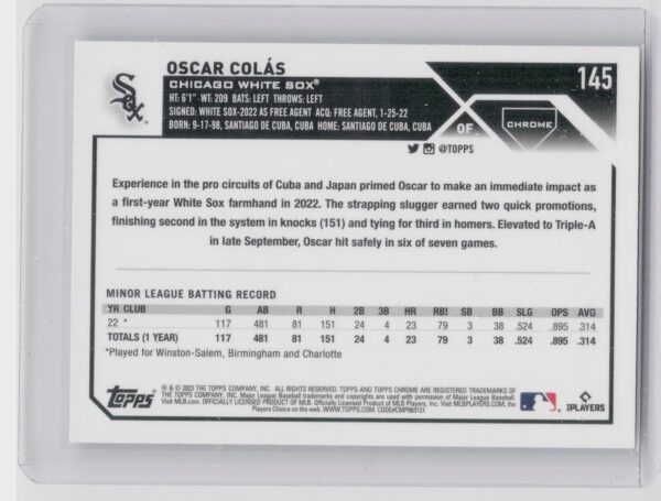 2023 Topps Chrome Oscar Colas RC #145 Sox - Image 3