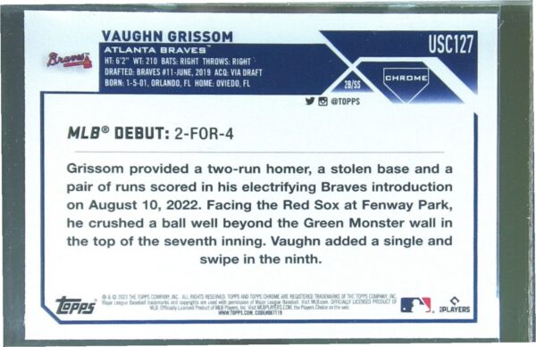 2023 Topps Chrome Update Vaughn Grissom RC #USC127 Braves - Image 3