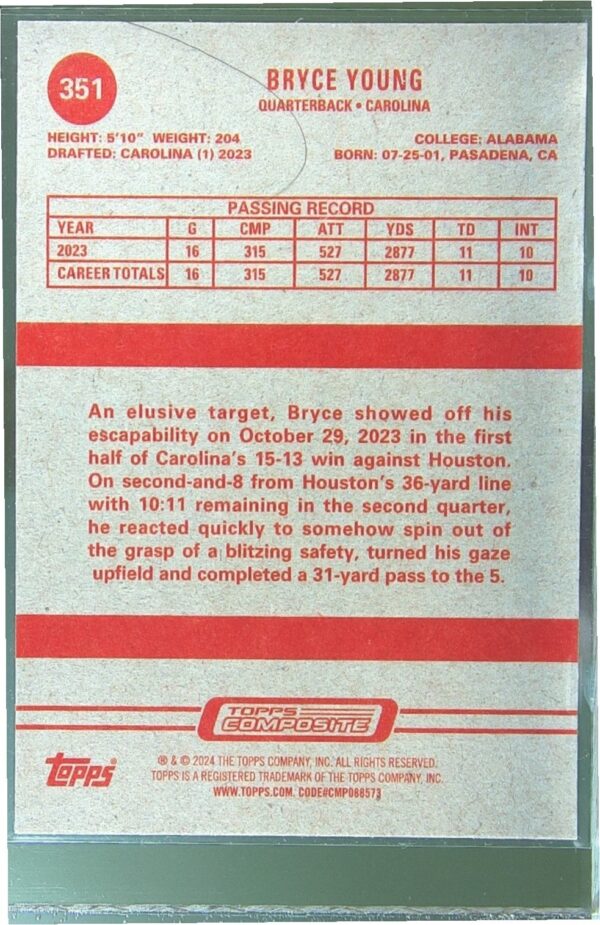 2023 Topps Composite Bryce Young RC #351 Panthers - Image 3