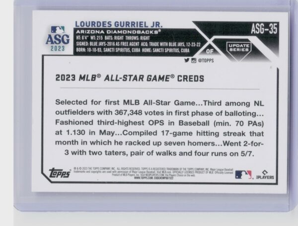 2023 Topps Lourdes Gurriel Jr. #ASGC-35 Diamondbacks 2023 All Star Game - Image 3