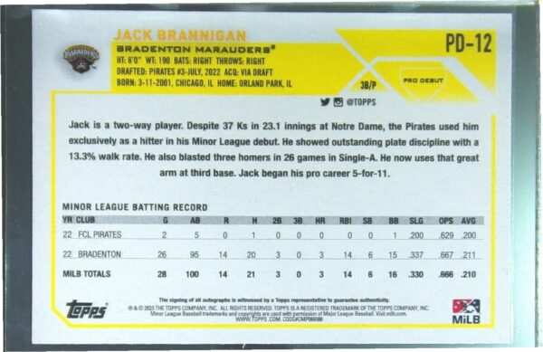 2023 Topps Pro Debut Jack Brannigan Auto #PD-12 Marauders Autographs - Image 3