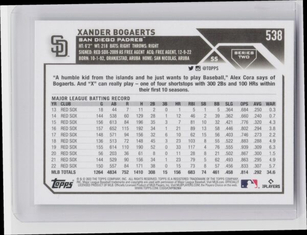 2023 Topps Xander Bogaerts #538 Padres - Image 3