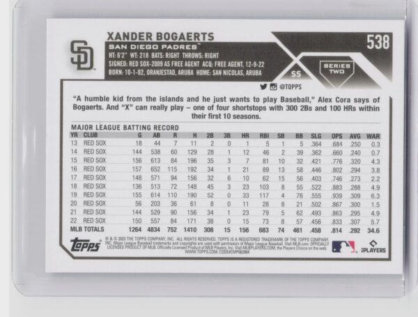 2023 Topps Xander Bogaerts Royal Blue #538 Padres - Image 3