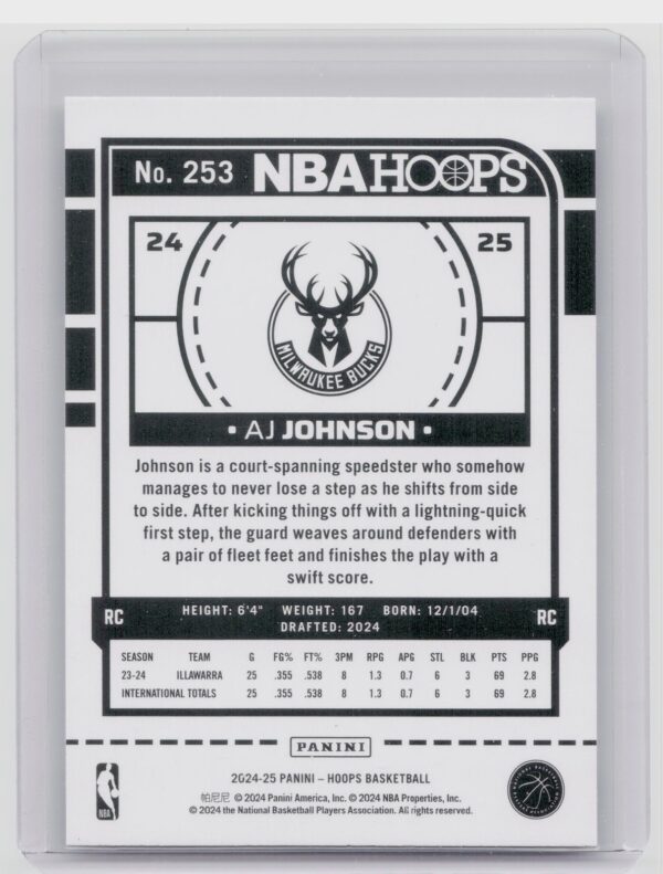 2024-25 Hoops AJ Johnson RC #253 Bucks - Image 3