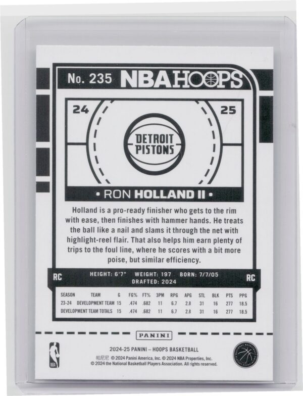 2024-25 Hoops Ron Holland II RC #235 Pistons - Image 3