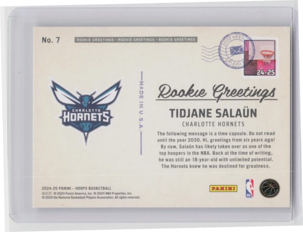 2024-25 Hoops Tidjane Salaun RC #7 Hornets Rookie Greetings - Image 3