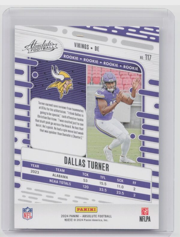 2024 Absolute Dallas Turner Red and Blue RC #117 Vikings - Image 3