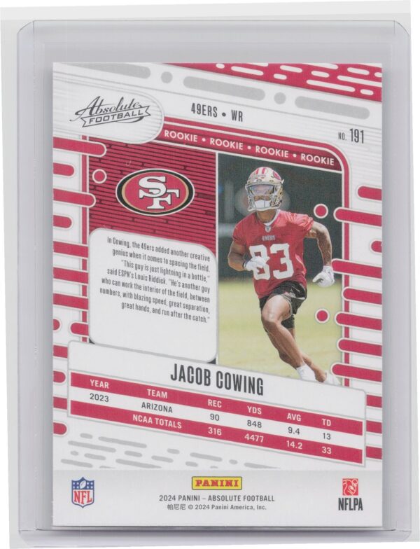 2024 Absolute Jacob Cowing Red and Blue RC 191 49ers - Image 3