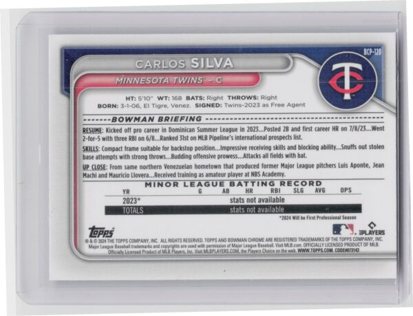 2024 Bowman Carlos Silva /250 #BCP-120 Twins Chrome Prospects Purple Refractors - Image 3