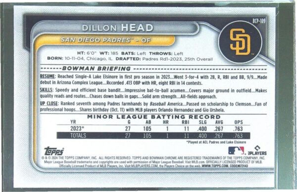 2024 Bowman Dillon Head #BCP-109 Padres Chrome Prospects Lunar Glow Refractors - Image 3