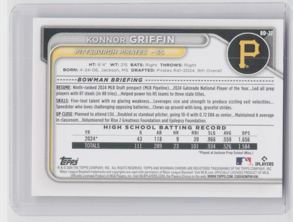 2024 Bowman Draft Konnor Griffin #BD-22 Pirates - Image 3